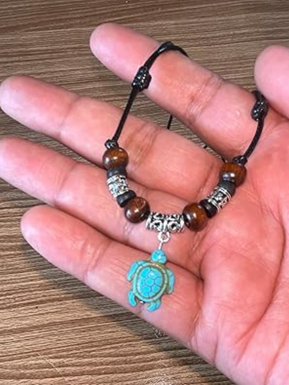 New Boho Hawaiian Sea Turtle Necklace Bone Beaded Wood Bead Adjustable Cord - Picture 2 of 3